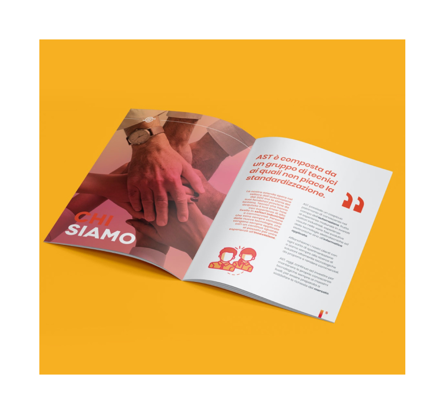 Spread Chi siamo della brochure AST con fotografia del team