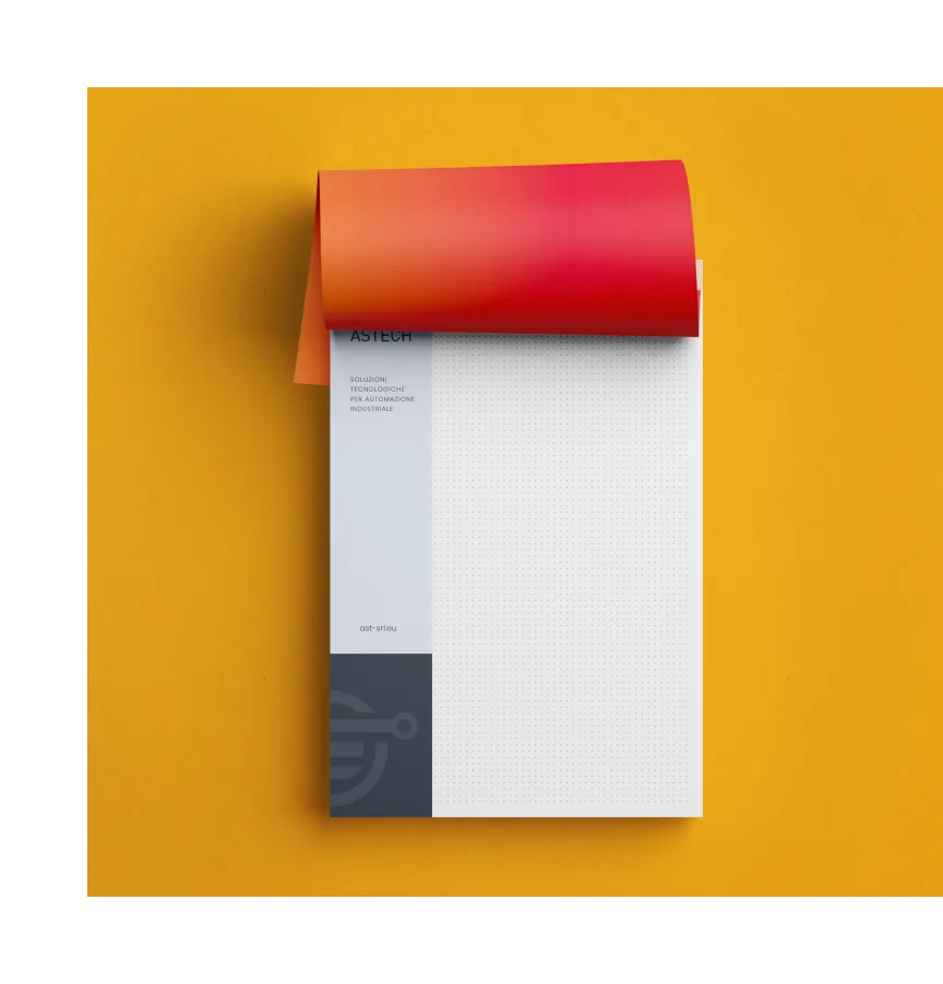 Folder e brochure AST aperti su fondo giallo