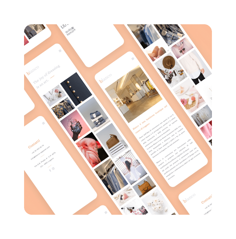 Griglia di schermate mobile del sito Blanco con contenuti editoriali e gallery