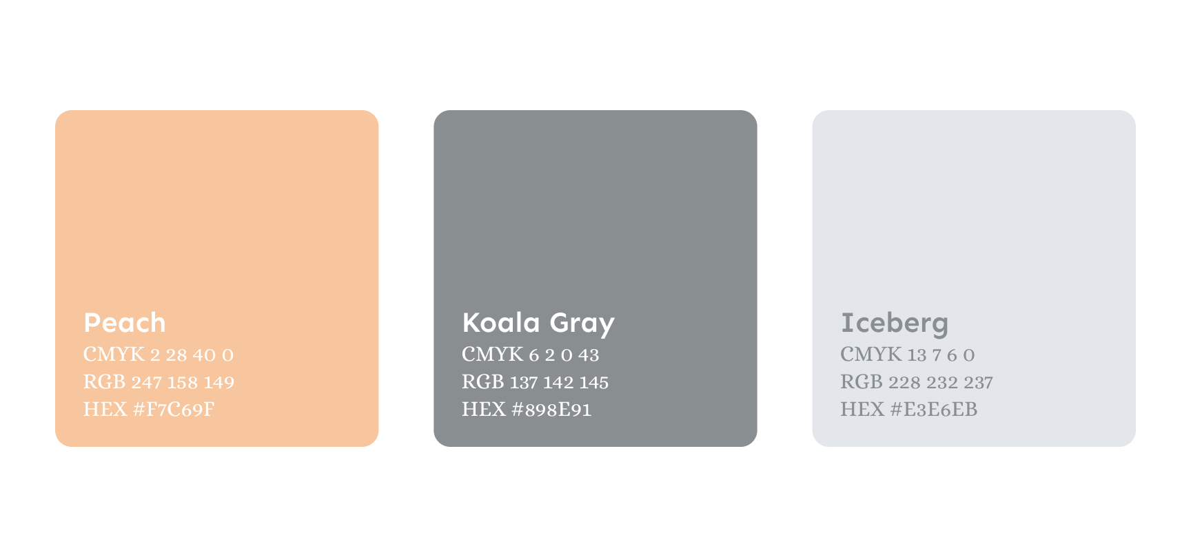 Palette Blanco con campioni Peach, Koala Gray e Iceberg