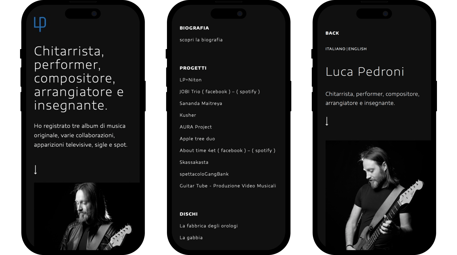 Sezione interna del sito per luca pedroni: sito portfolio per chitarrista e produttore