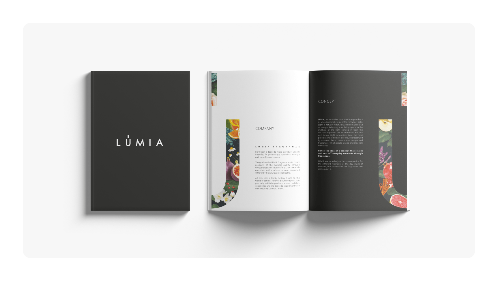 Pagina di brochure per Lumia: art direction ed editorial design per collezioni home fragrance