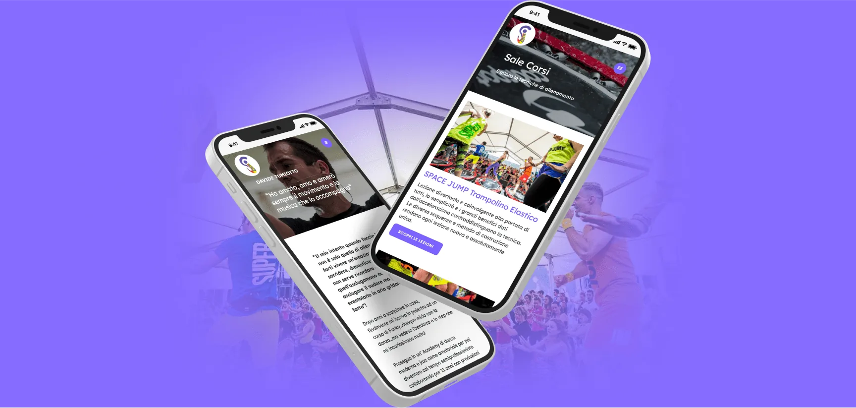 Applicazione mobile SJ The Space mostrata su due smartphone