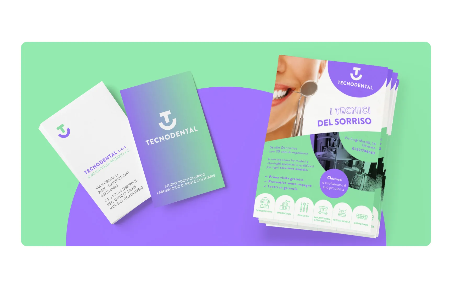 Dettaglio packaging per Tecnodental: rebranding per studio dentistico con tono affidabile e contemporaneo