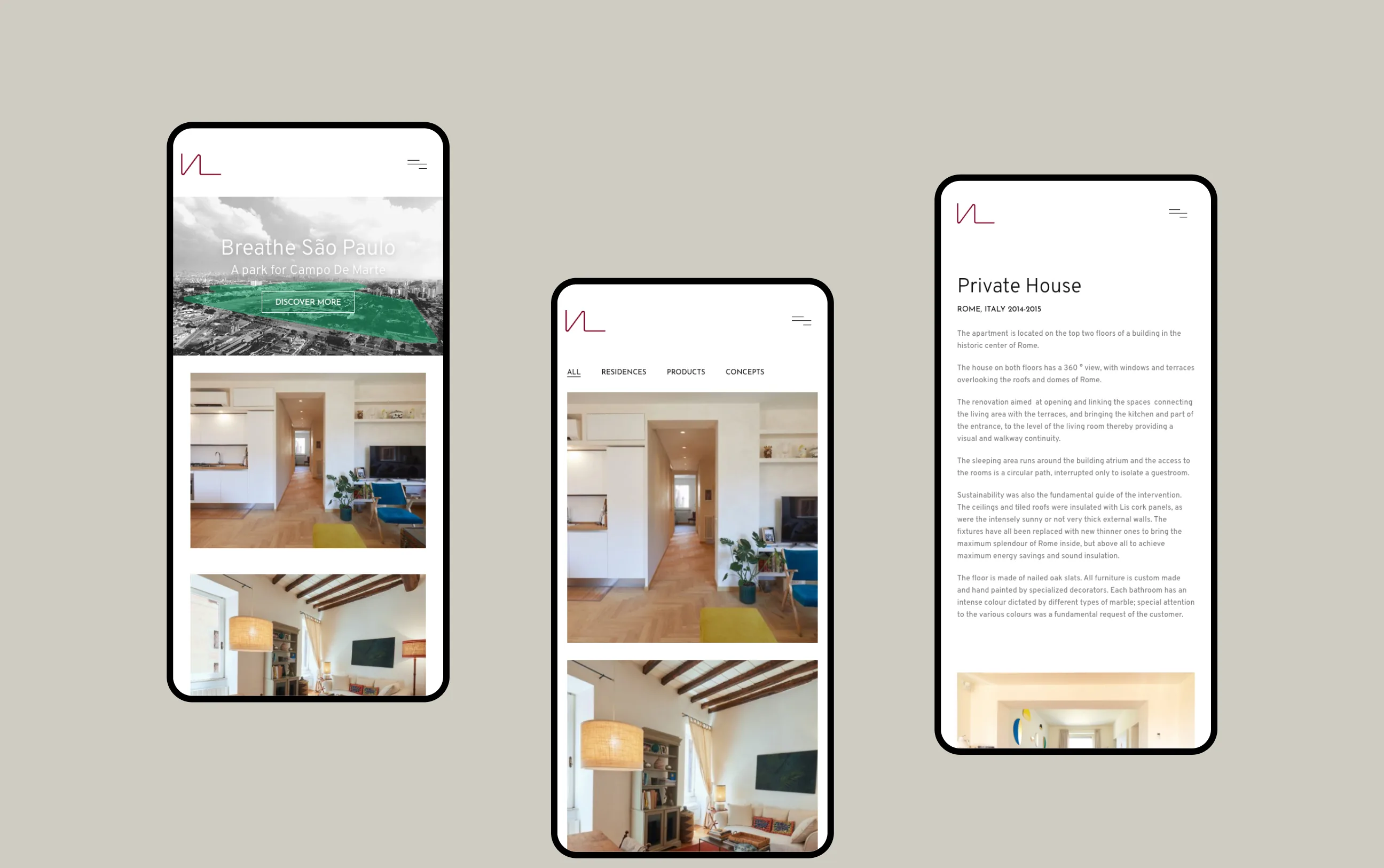 Layout mobile per Vera Cecilia Leme: sito portfolio per architetta con focus sui progetti
